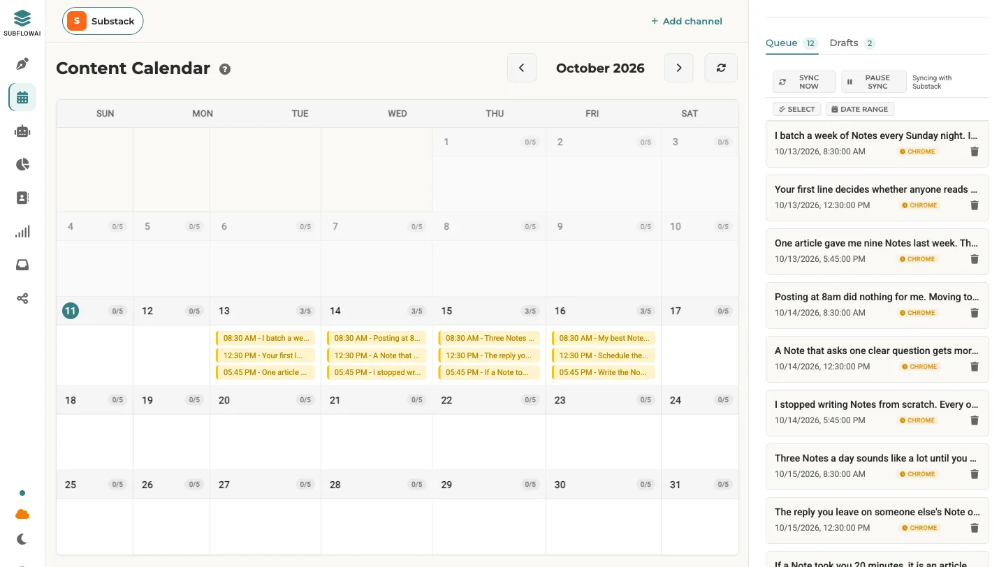 SubflowAI content calendar with scheduled Notes